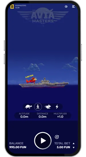 Aviamasters red plane sitting on an aircraft carrier deck at the start of a round with balance and bet controls visible