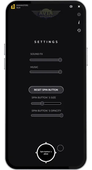 Aviamasters settings screen showing sound effects and music volume sliders alongside spin button size and opacity controls